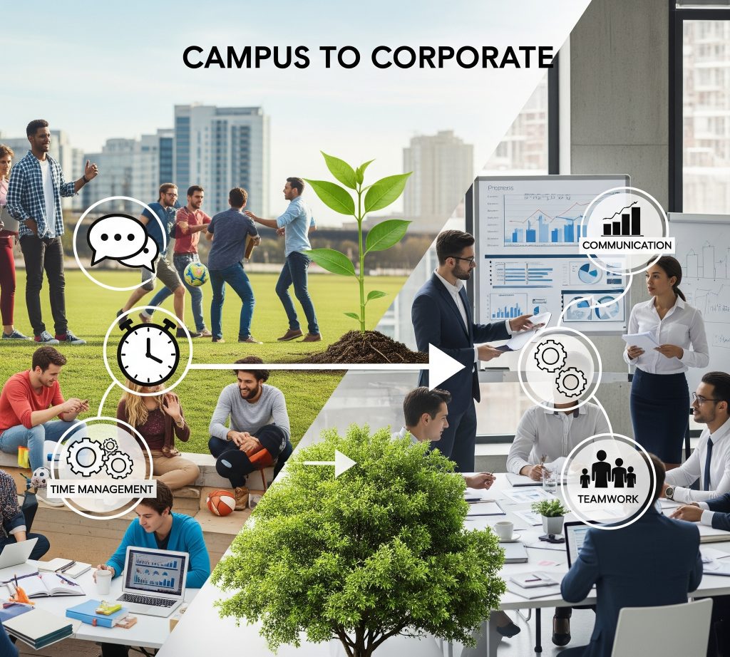 "Campus to Corporate transition visual showing students engaged in teamwork, communication, and time management on campus, growing into professionals collaborating in a corporate meeting room, symbolized by a growing plant and tree."